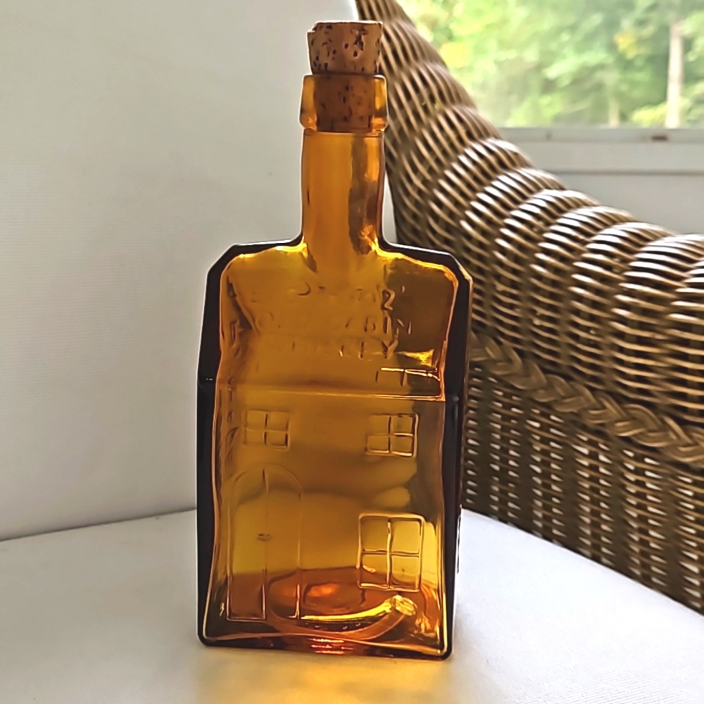 VINTAGE E.C. Booz's Amber Old Cabin Empty Whiskey Glass Bottle With Cork